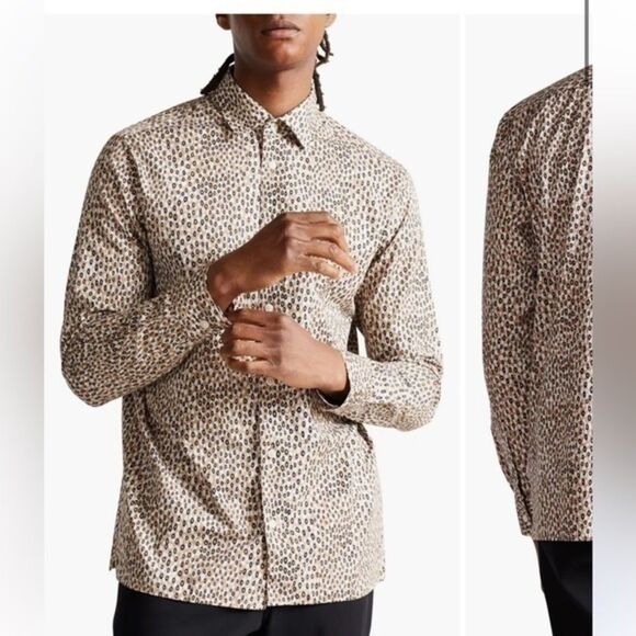 Ted Baker London Dunston Button Up Shirt Men Long Sleeve Tan Pattern Print 4 - Picture 1 of 15